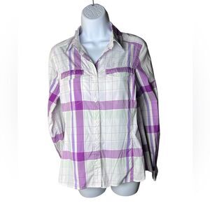 COLUMBIA womens purple plaid fishing shirt,  long-sleeved buttondown shirt